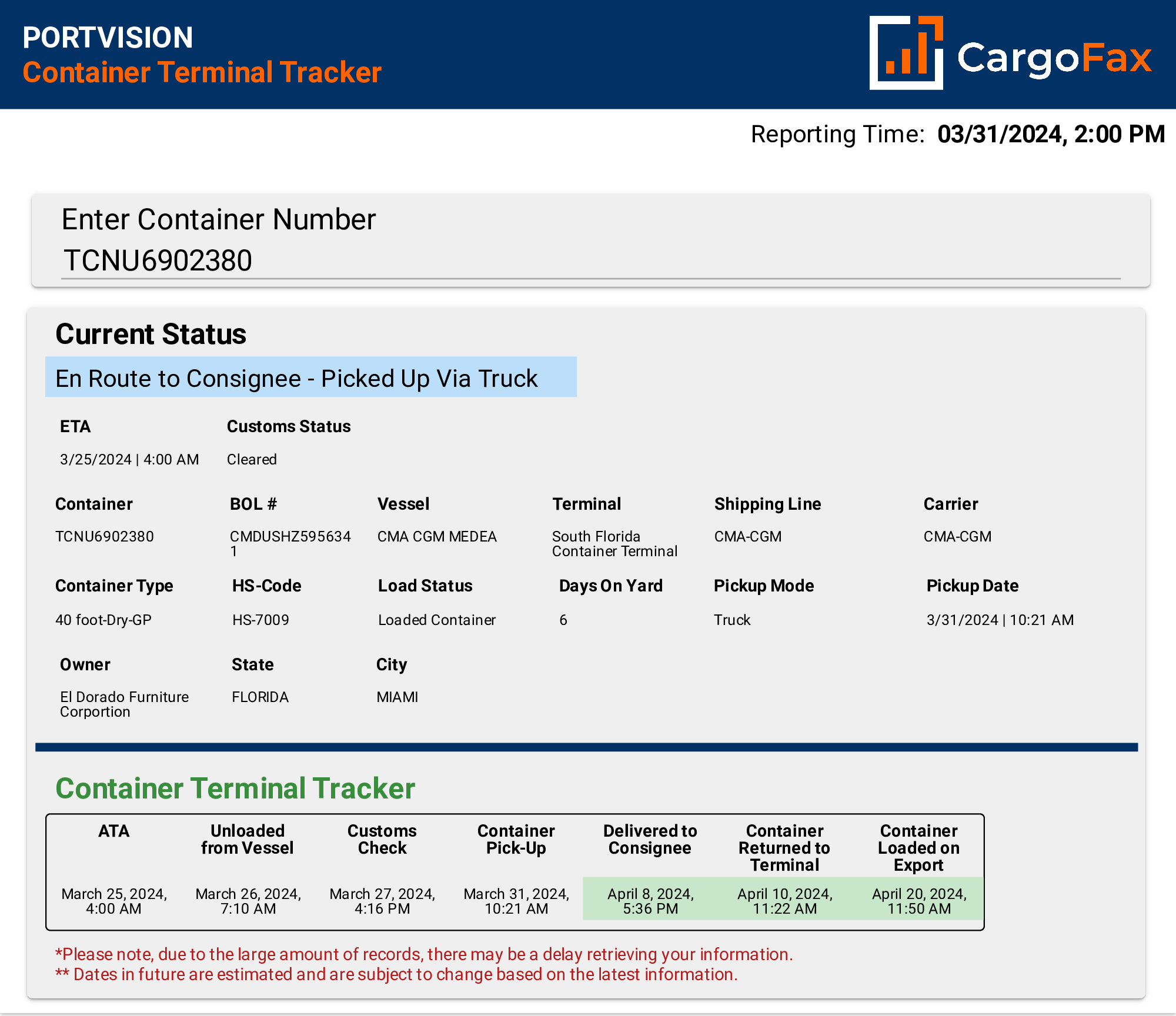 PortVision Tracking report